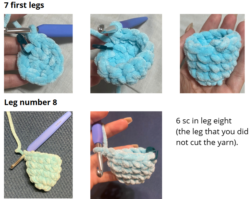 Step-by-step crochet guide showing how to join the eight legs of the amigurumi octopus.
