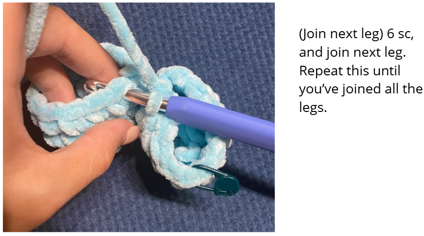 Step-by-step crochet guide showing how to join the eight legs of the amigurumi octopus.