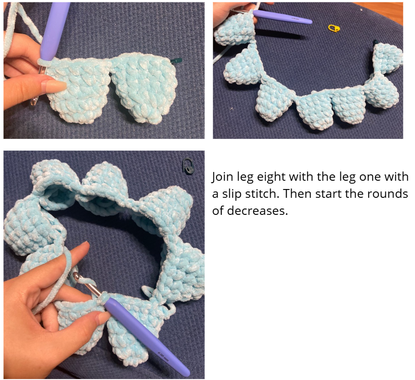 Step-by-step crochet guide showing how to join the eight legs of the amigurumi octopus.