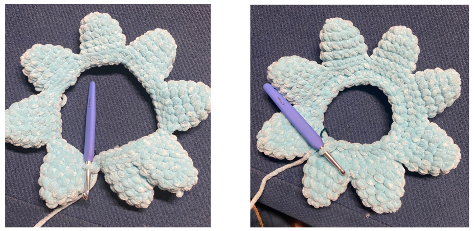 Step-by-step crochet guide showing how to join the eight legs of the amigurumi octopus.