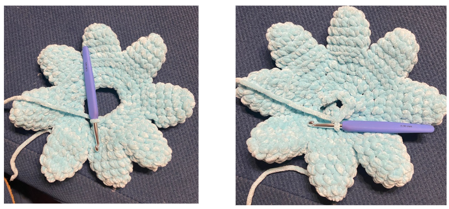 Step-by-step crochet guide showing how to join the eight legs of the amigurumi octopus.