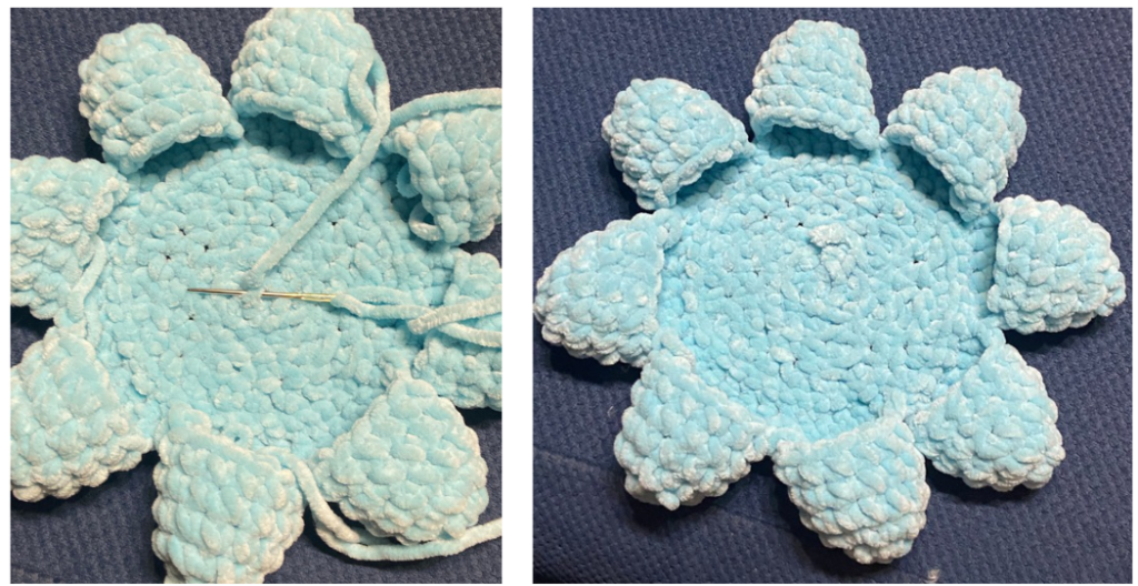Step-by-step crochet guide showing how to join the eight legs of the amigurumi octopus.