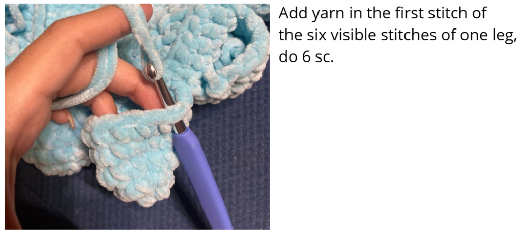 Step-by-step crochet guide showing how to join the eight legs of the amigurumi octopus.