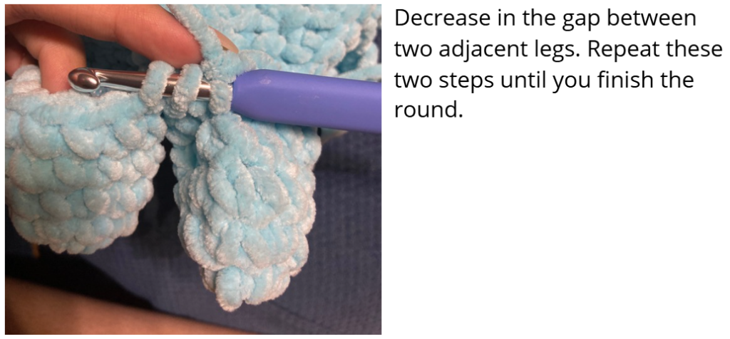 Step-by-step crochet guide showing how to join the eight legs of the amigurumi octopus.