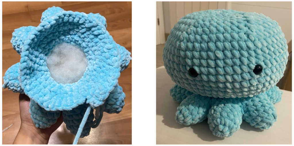 Step-by-step crochet guide showing how to join the eight legs of the amigurumi octopus.