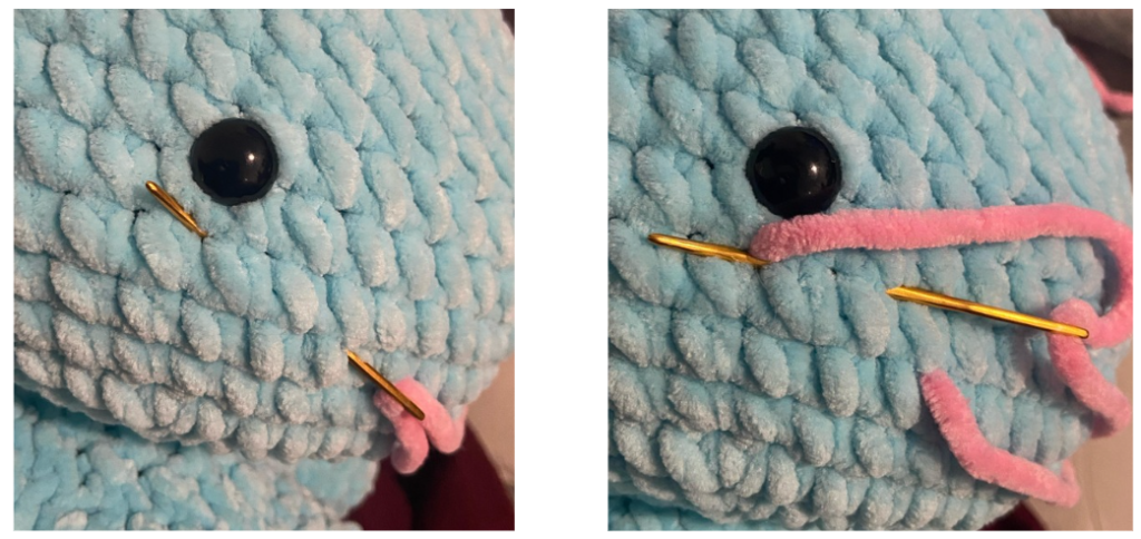 Step-by-step crochet guide showing how to embroider the blush of the amigurumi octopus.