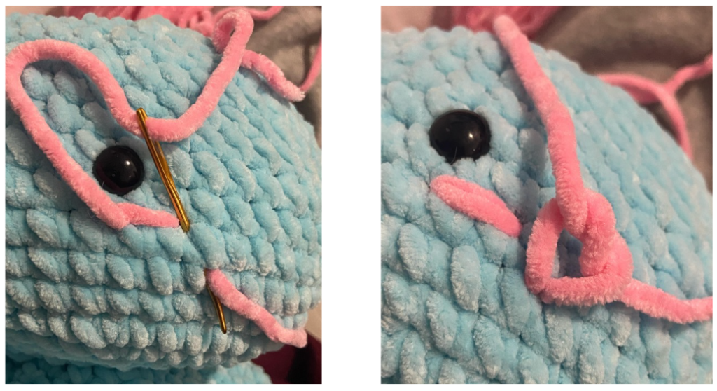 Step-by-step crochet guide showing how to embroider the blush of the amigurumi octopus.