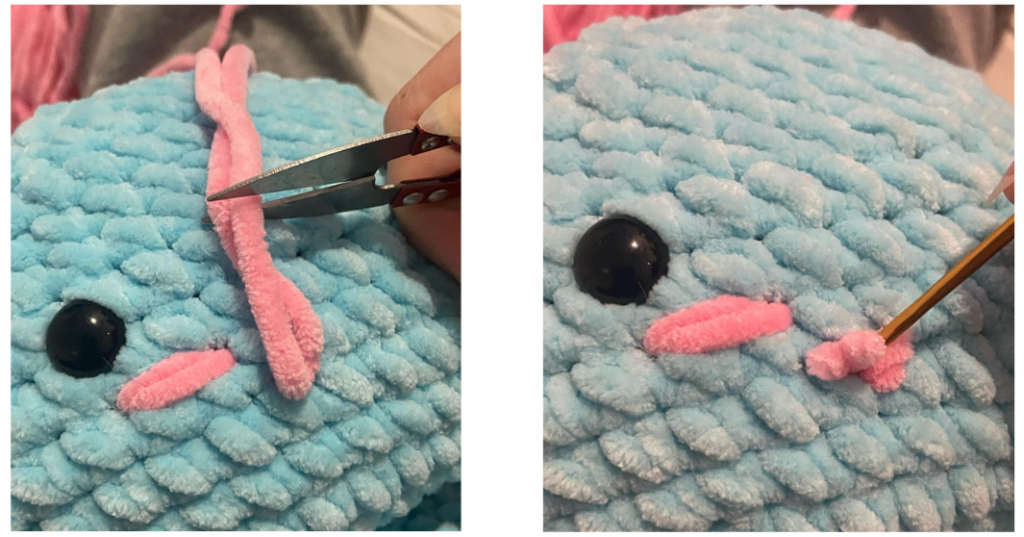 Step-by-step crochet guide showing how to embroider the blush of the amigurumi octopus.