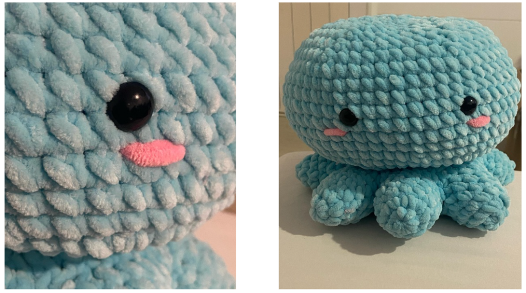 Step-by-step crochet guide showing how to embroider the blush of the amigurumi octopus.
