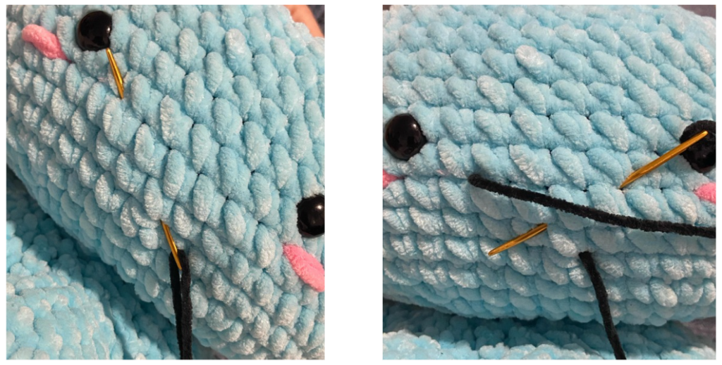 Step-by-step crochet guide showing how to embroider the mouth of the amigurumi octopus.
