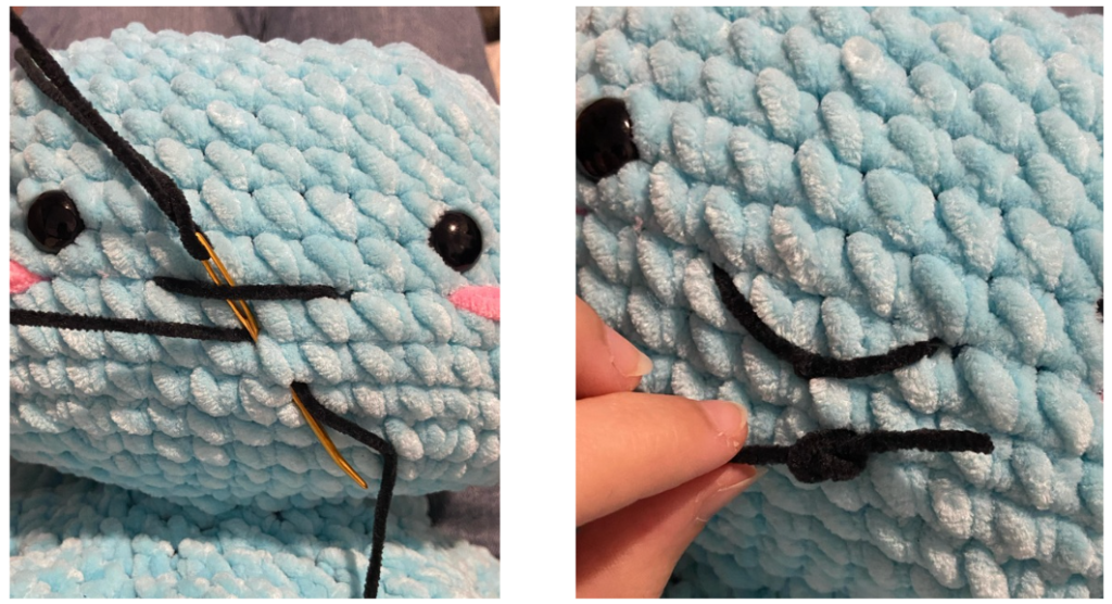 Step-by-step crochet guide showing how to embroider the mouth of the amigurumi octopus.