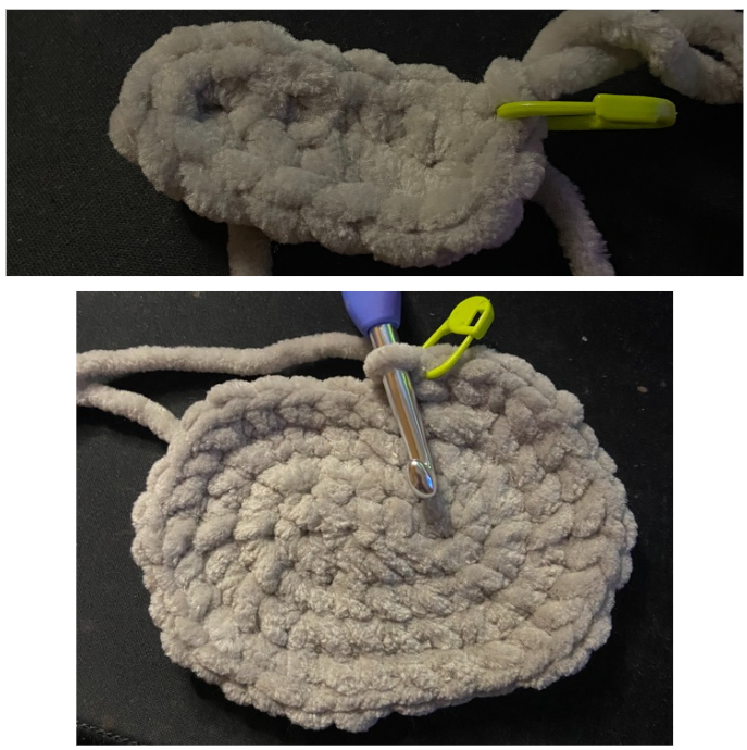Croidered hippo head made with chenille yarn, featuring 10mm safety eyes and detailed snout shaping.