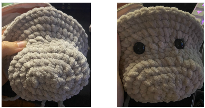 Croidered hippo head made with chenille yarn, featuring 10mm safety eyes and detailed snout shaping.
