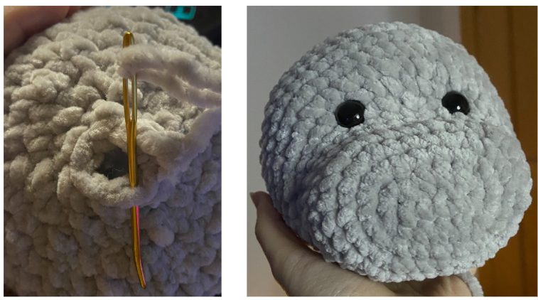 Croidered hippo head made with chenille yarn, featuring 10mm safety eyes and detailed snout shaping.
