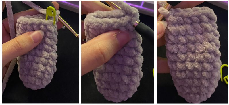 Crocheted hippo arms and pinched ears laid out flat before being sewn onto the plushie.