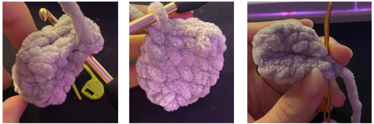 Crocheted hippo arms and pinched ears laid out flat before being sewn onto the plushie.