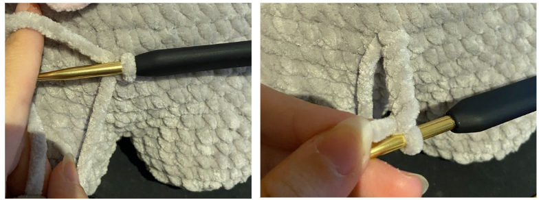 Close-up of the crocheted tail attached to the back of the handmade amigurumi hippo