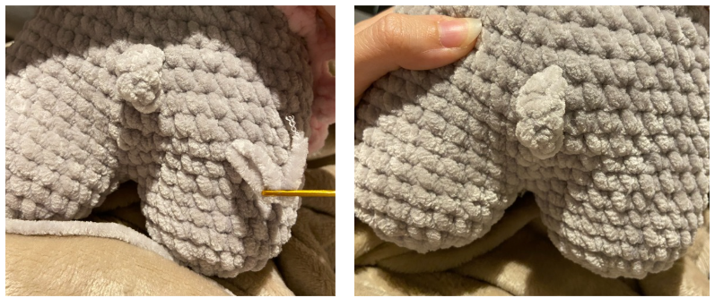 Close-up of the crocheted tail attached to the back of the handmade amigurumi hippo