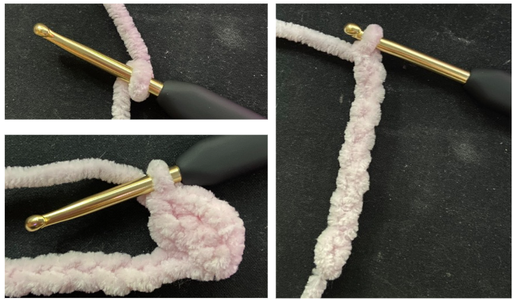 Close-up of the ruffled pink crochet tutu skirt wrapped around the handmade amigurumi hippo.