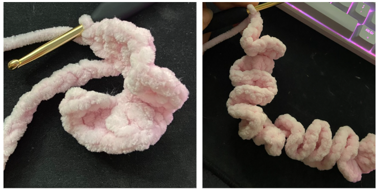 Close-up of the ruffled pink crochet tutu skirt wrapped around the handmade amigurumi hippo.