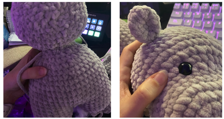 Ears detail: "Close-up of the crocheted hippo ears pinched and folded at the base before being attached to the head.