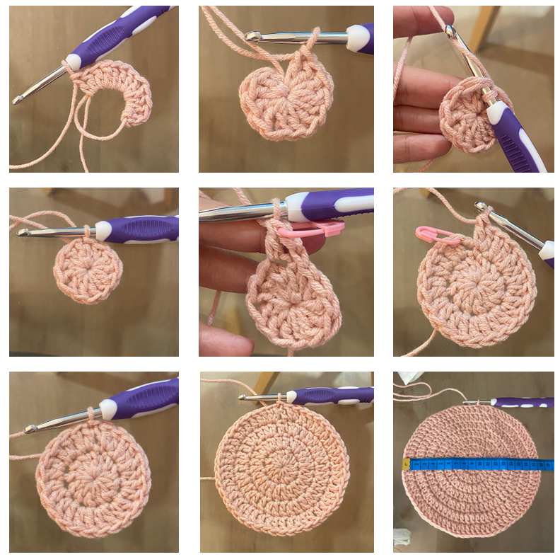 Starting the crown of a handmade crochet bucket hat in pink yarn.