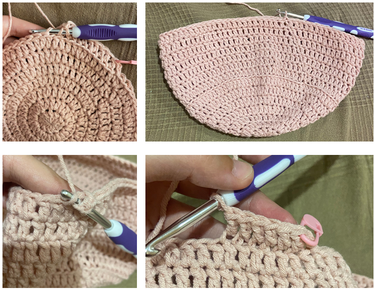Working the brim increases of a handmade crochet bucket hat.