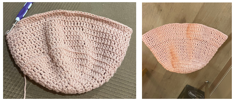 Working the brim increases of a handmade crochet bucket hat.