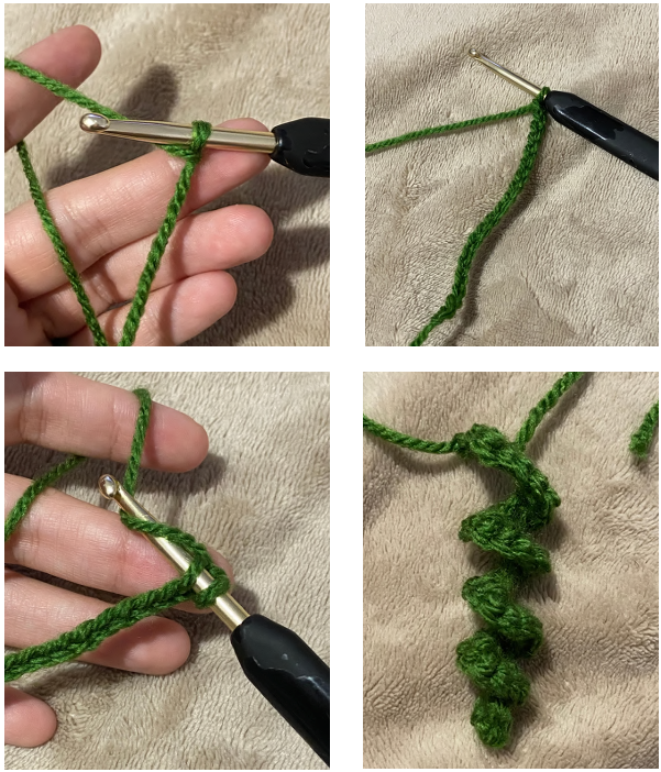Crocheting a long green leaf chain for a handmade amigurumi pumpkin pattern.