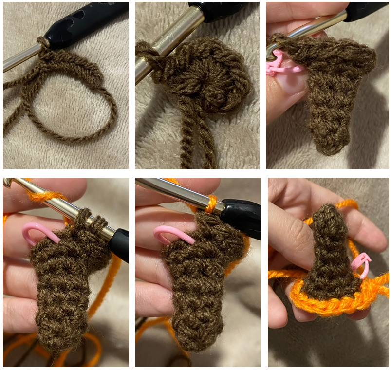 Crocheting the brown stem of a small amigurumi pumpkin using a 4.5mm hook.