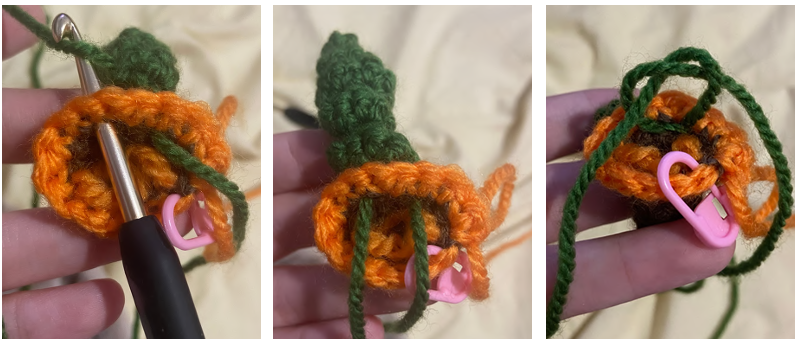 Attaching a green crochet leaf and changing to orange yarn for the pumpkin body.