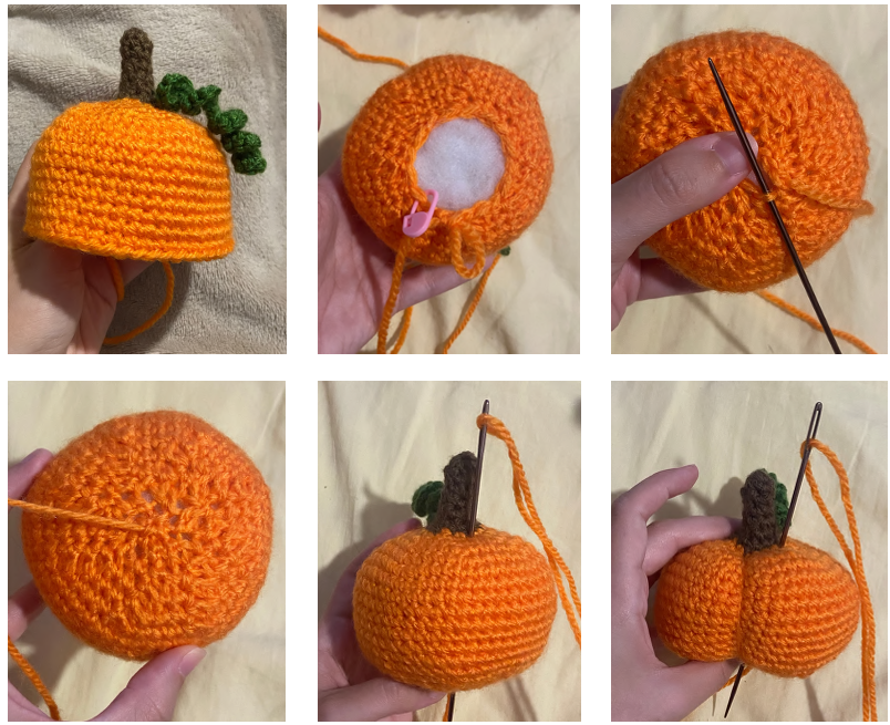Using a yarn needle to pull yarn through the center to shape the segments of a handmade crochet pumpkin.