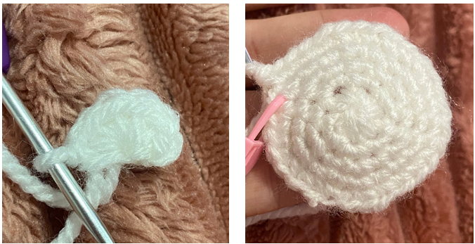Step-by-step amigurumi ghost crochet process using white yarn for car charm pattern.