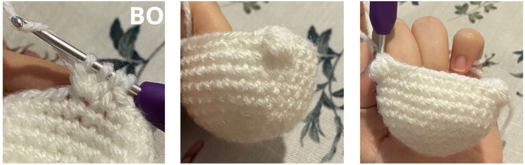 Step-by-step amigurumi ghost crochet process using white yarn for car charm pattern.