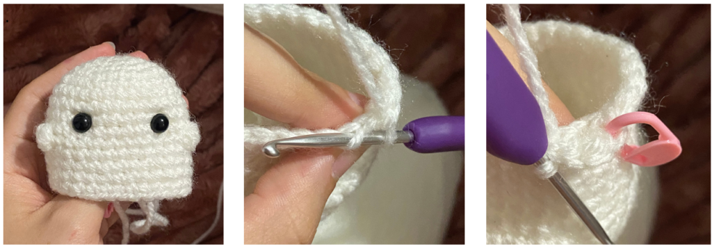 Step-by-step amigurumi ghost crochet process using white yarn for car charm pattern.