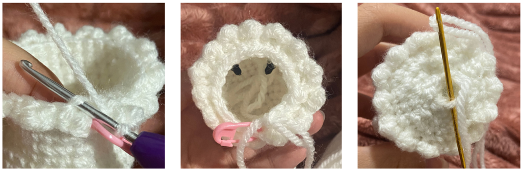 Step-by-step amigurumi ghost crochet process using white yarn for car charm pattern.