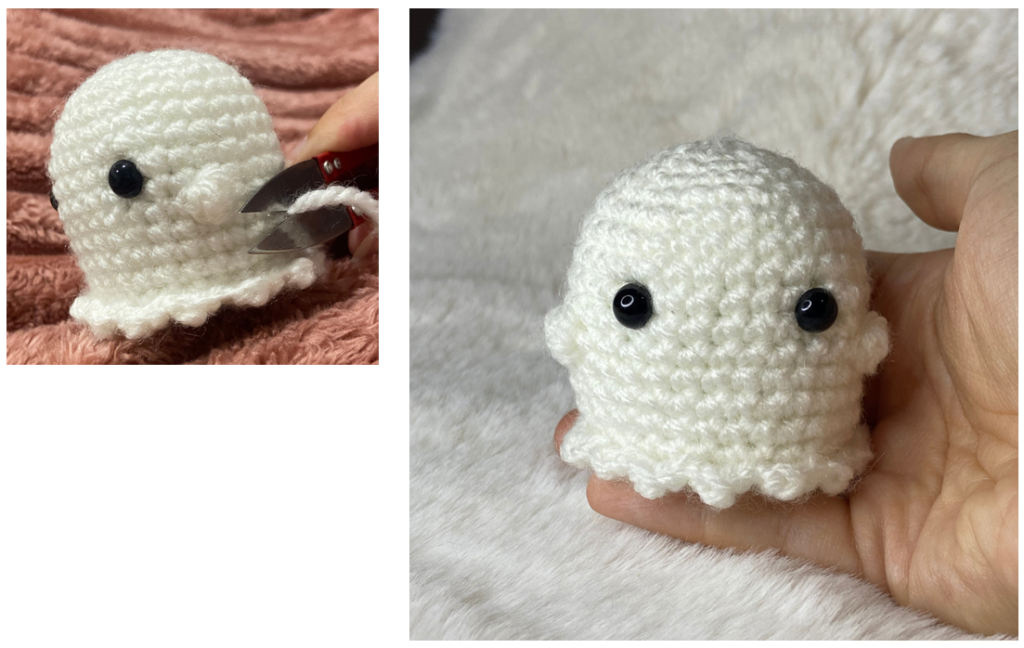 Step-by-step amigurumi ghost crochet process using white yarn for car charm pattern.