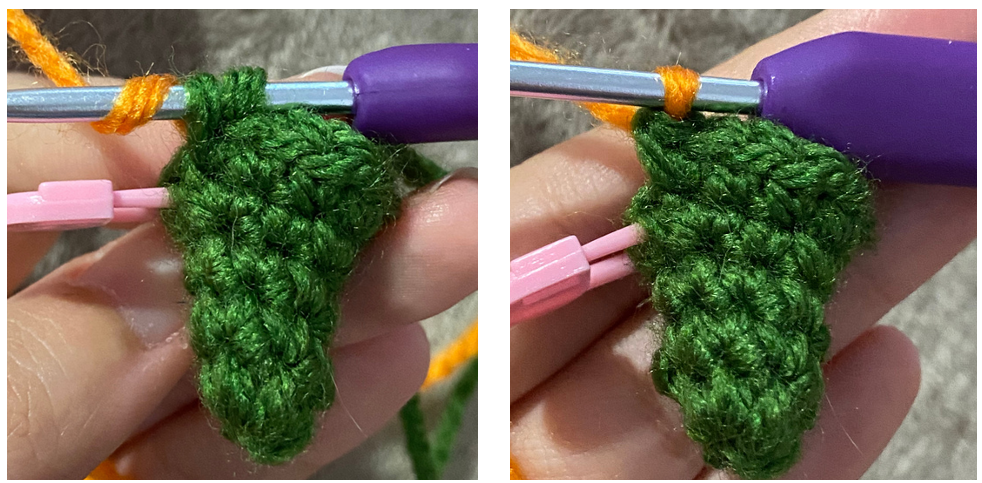 Crochet amigurumi pumpkin body in progress using orange chenille yarn.