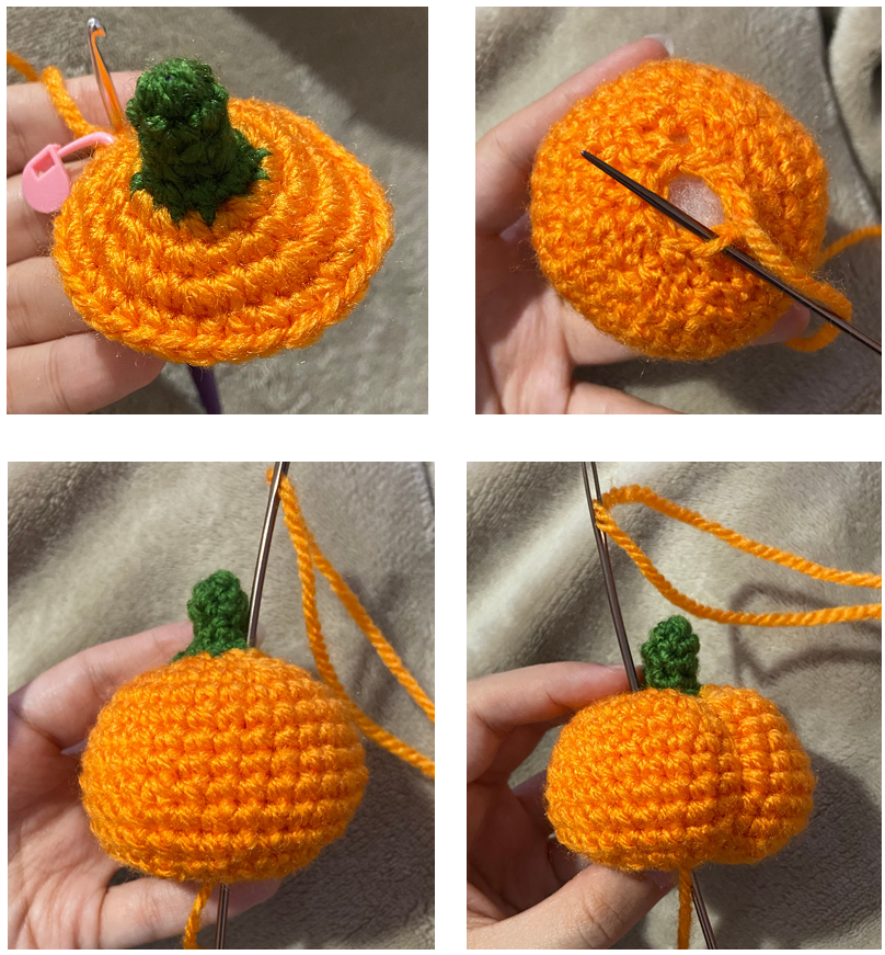 Crochet amigurumi pumpkin body in progress using orange chenille yarn.