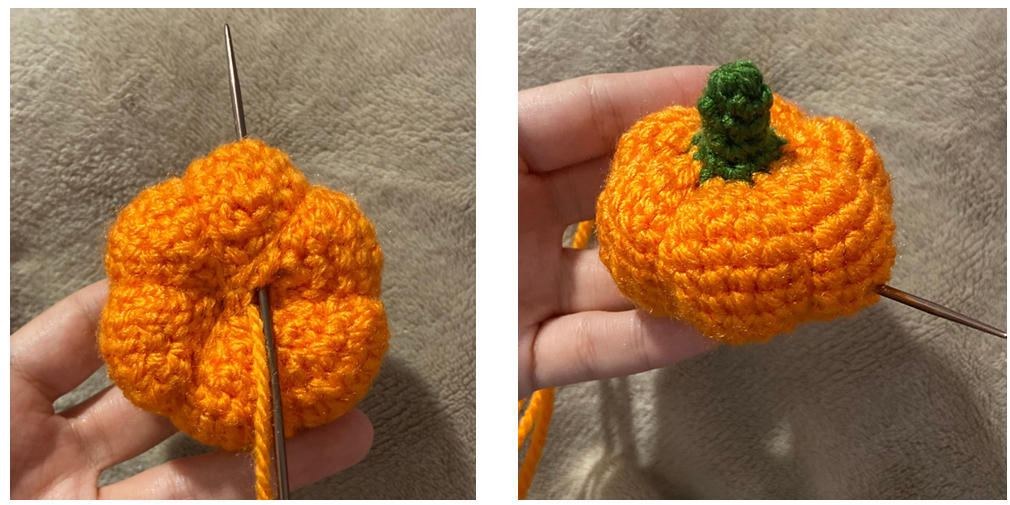 Crochet amigurumi pumpkin body in progress using orange chenille yarn.