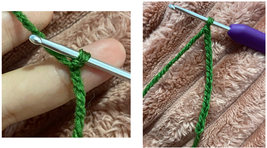 Crocheting green leaves and vine details for the amigurumi pumpkin car accessory.