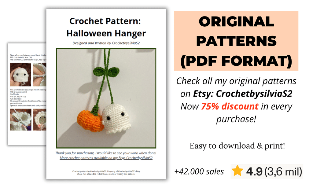 Preview of printable PDF crochet pattern document for a Halloween ghost and pumpkin car hanger, promoting an Etsy shop sale by CrochetbysilviaS2.
