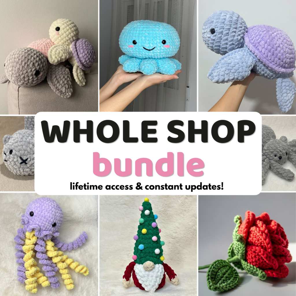 A grid-style product graphic showing multiple finished crochet amigurumis: grey turtles, a blue octopus, a purple jellyfish, a red rose, and a green Christmas gnome. Large white text in the center reads "WHOLE SHOP bundle" and below it "lifetime access & constant updates!".