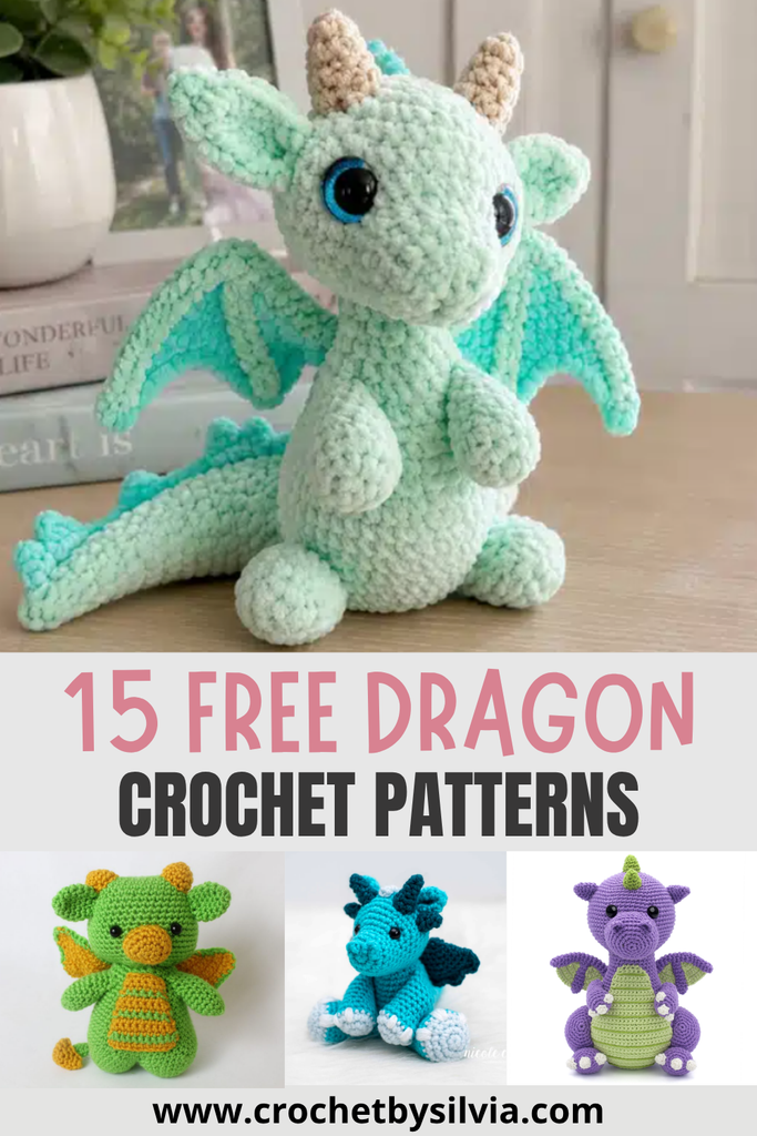 Crochet amigurumi collage showcasing 15 free dragon patterns. The main image is a large mint green plush dragon with beige horns and blue eyes. Below it, in pink and black text, it reads '15 FREE DRAGON CROCHET PATTERNS', followed by three smaller dragons in green, blue, and purple. The URL www.crochetbysilvia.com appears at the bottom.