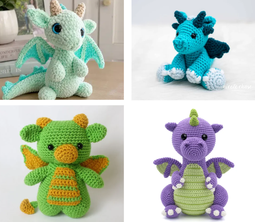 A four-grid collage of handmade amigurumi crochet dragons. Top-left: a mint green plush dragon with beige horns. Top-right: a textured blue dragon with dark blue wings and white-accented feet. Bottom-left: a bright green dragon with orange belly and wings. Bottom-right: a purple and lime green textured dragon.