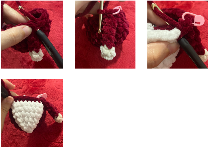 Step-by-step crochet tutorial showing how to attach the arms and textured beard for a Christmas gnome amigurumi.