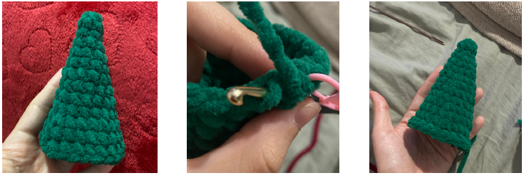 Crochet process of the tall green Christmas tree hat for a handmade holiday gnome amigurumi.