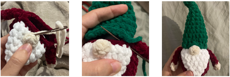 Crochet process of the tall green Christmas tree hat for a handmade holiday gnome amigurumi.