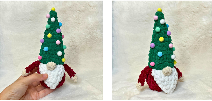 Free Christmas gnome crochet pattern finished plushie made with green chenille yarn and colorful pom-pom ornaments.