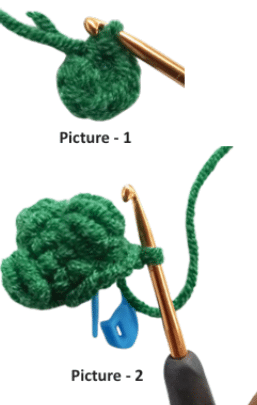 Close-up of a green crochet Christmas tree in progress showing the detailed rows of 6-loop bobble stitches.